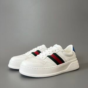 AuroraCustom Gucci Re-Web White Leather Perforated Chunky Platform Sneaker with Web Stripe & Blue Heel Tab (Unisex Edition)
