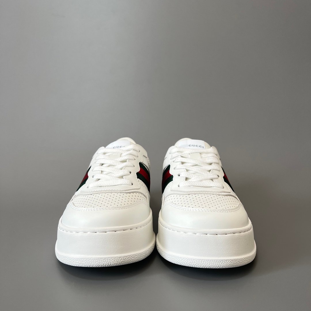 AuroraCustom Gucci Re-Web White Leather Perforated Chunky Platform Sneaker with Web Stripe & Blue Heel Tab (Unisex Edition) - Image 2