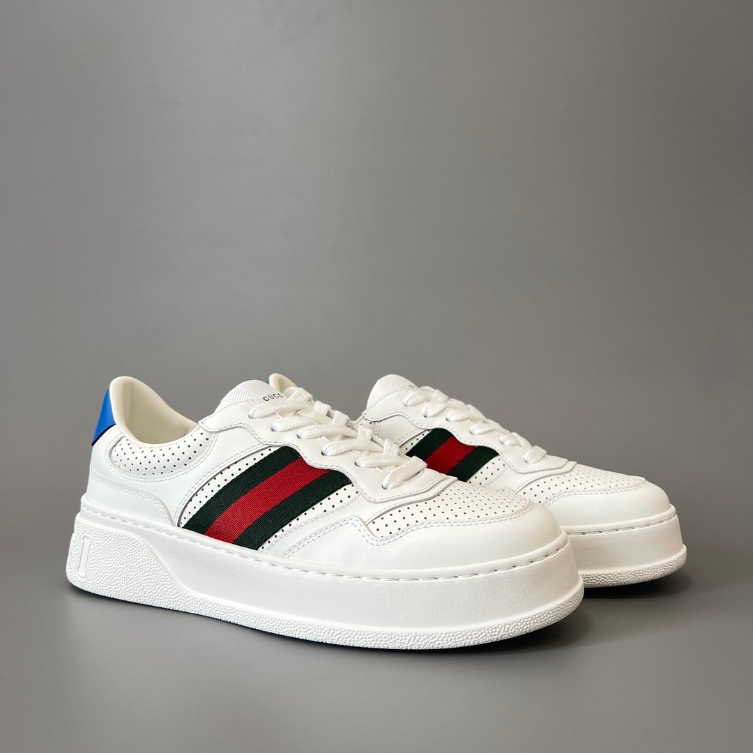 AuroraCustom Gucci Re-Web White Leather Perforated Chunky Platform Sneaker with Web Stripe & Blue Heel Tab (Unisex Edition) - Image 3