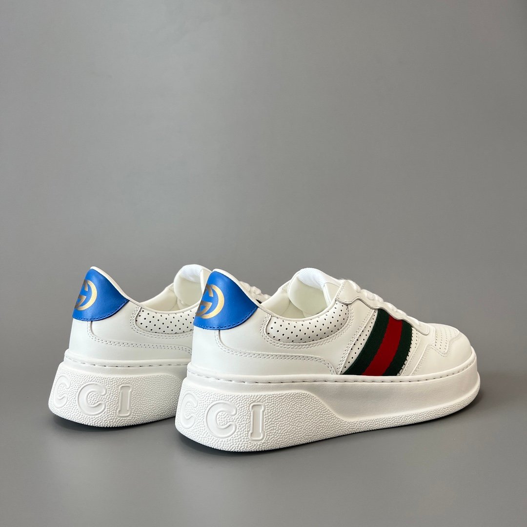 AuroraCustom Gucci Re-Web White Leather Perforated Chunky Platform Sneaker with Web Stripe & Blue Heel Tab (Unisex Edition) - Image 4