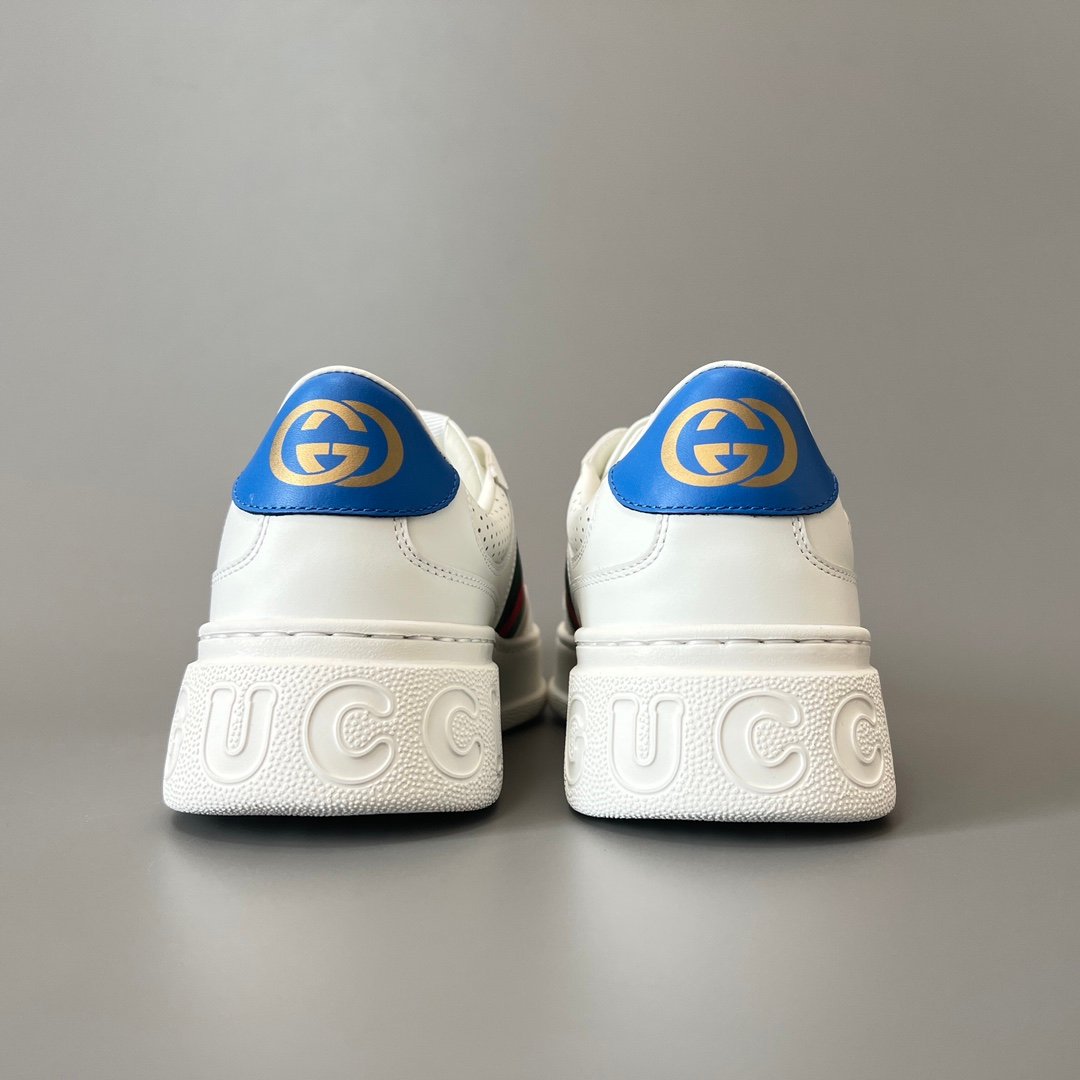 AuroraCustom Gucci Re-Web White Leather Perforated Chunky Platform Sneaker with Web Stripe & Blue Heel Tab (Unisex Edition) - Image 5