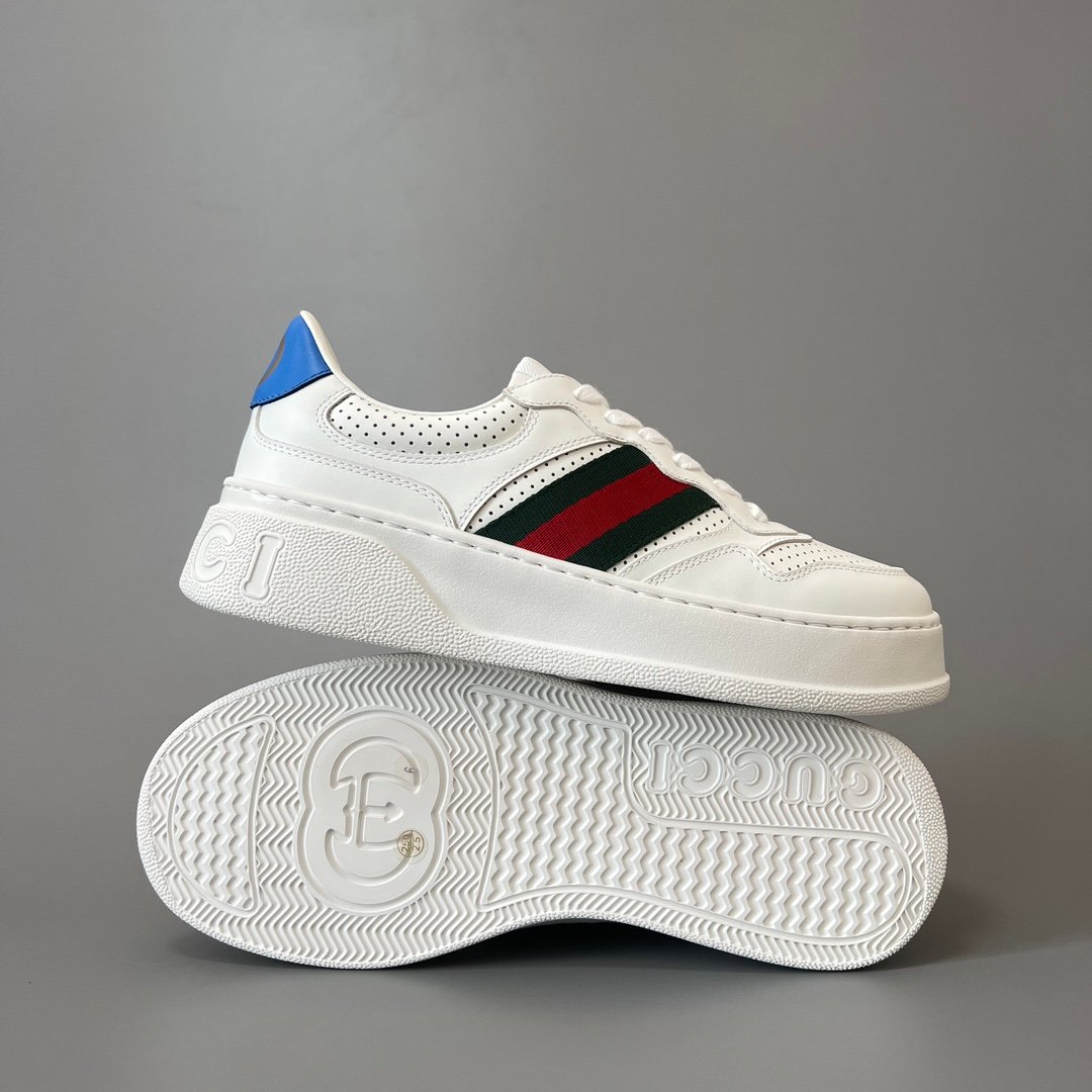 AuroraCustom Gucci Re-Web White Leather Perforated Chunky Platform Sneaker with Web Stripe & Blue Heel Tab (Unisex Edition) - Image 6