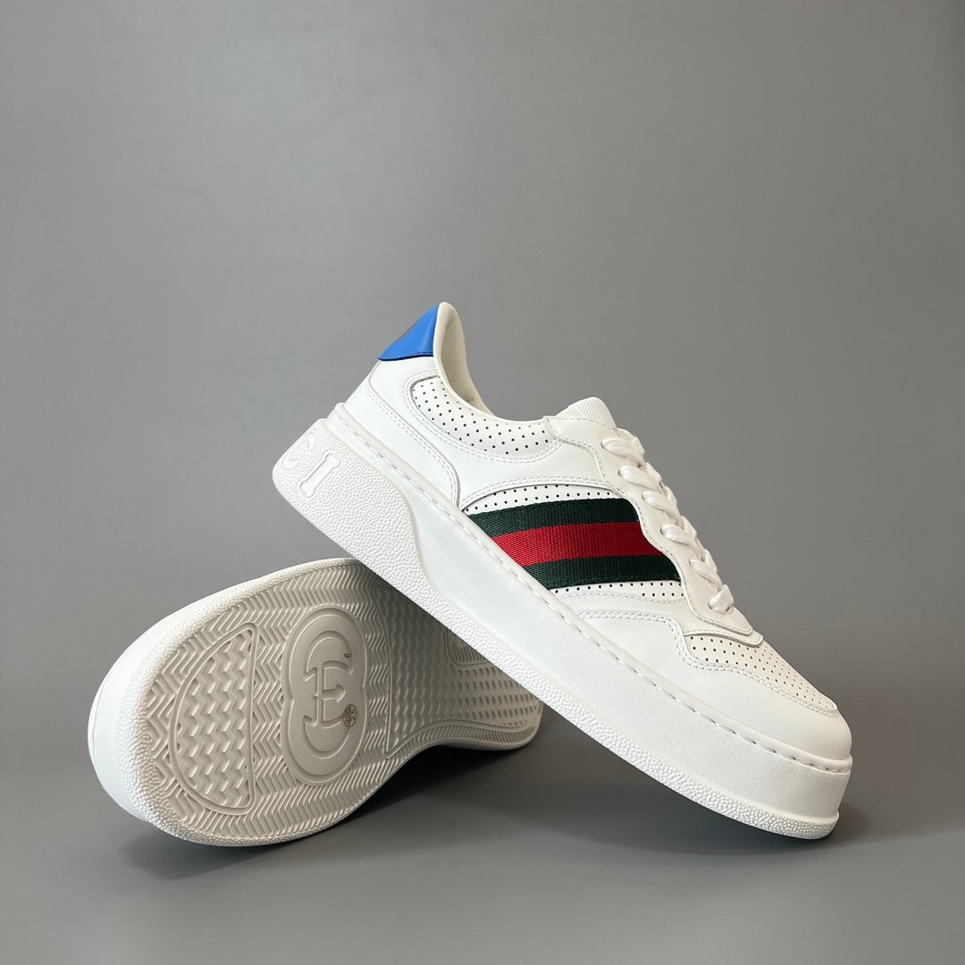 AuroraCustom Gucci Re-Web White Leather Perforated Chunky Platform Sneaker with Web Stripe & Blue Heel Tab (Unisex Edition) - Image 7
