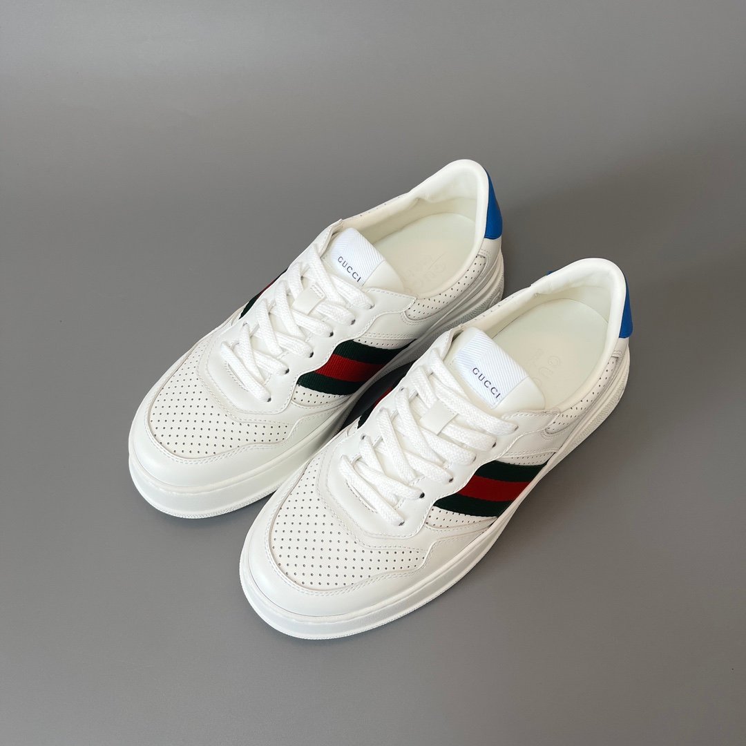 AuroraCustom Gucci Re-Web White Leather Perforated Chunky Platform Sneaker with Web Stripe & Blue Heel Tab (Unisex Edition) - Image 8