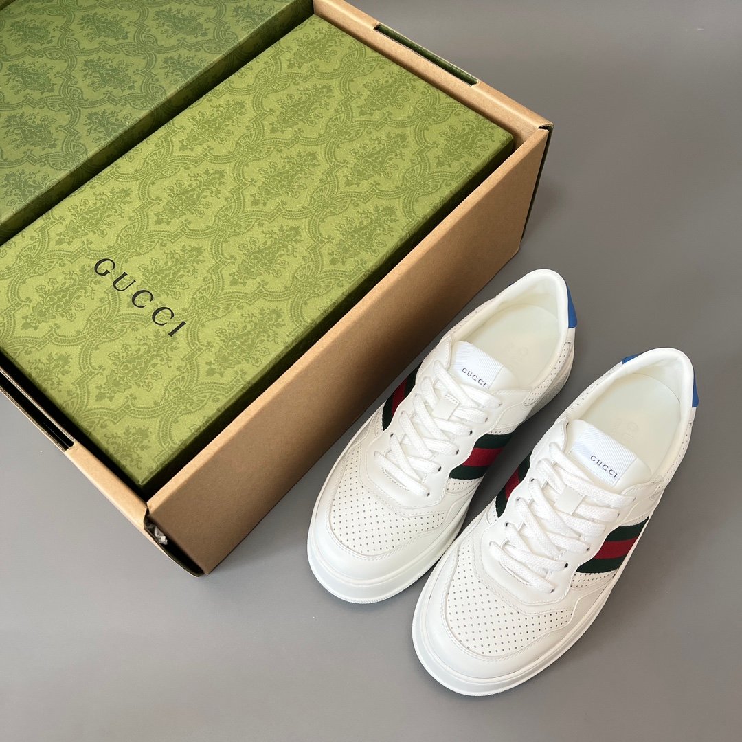 AuroraCustom Gucci Re-Web White Leather Perforated Chunky Platform Sneaker with Web Stripe & Blue Heel Tab (Unisex Edition) - Image 9