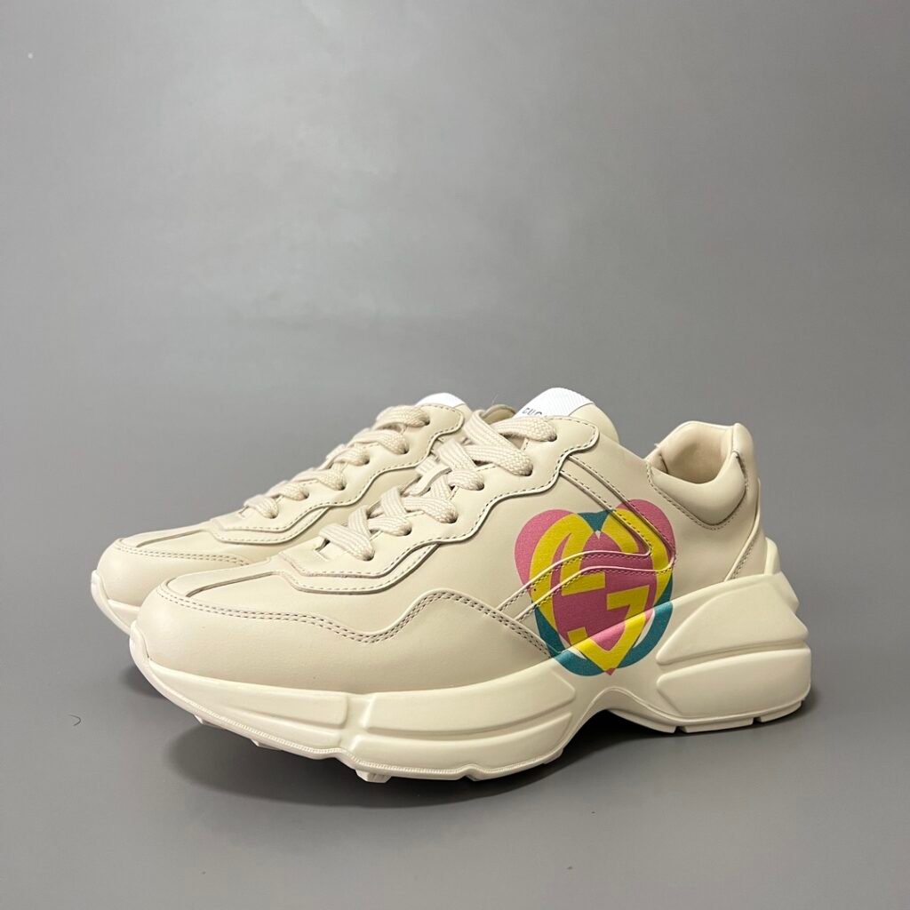 Aurora Custom Gucci Rhyton Ivory Leather Retro Sneaker with Multicolor Heart Print (Women's Edition)
