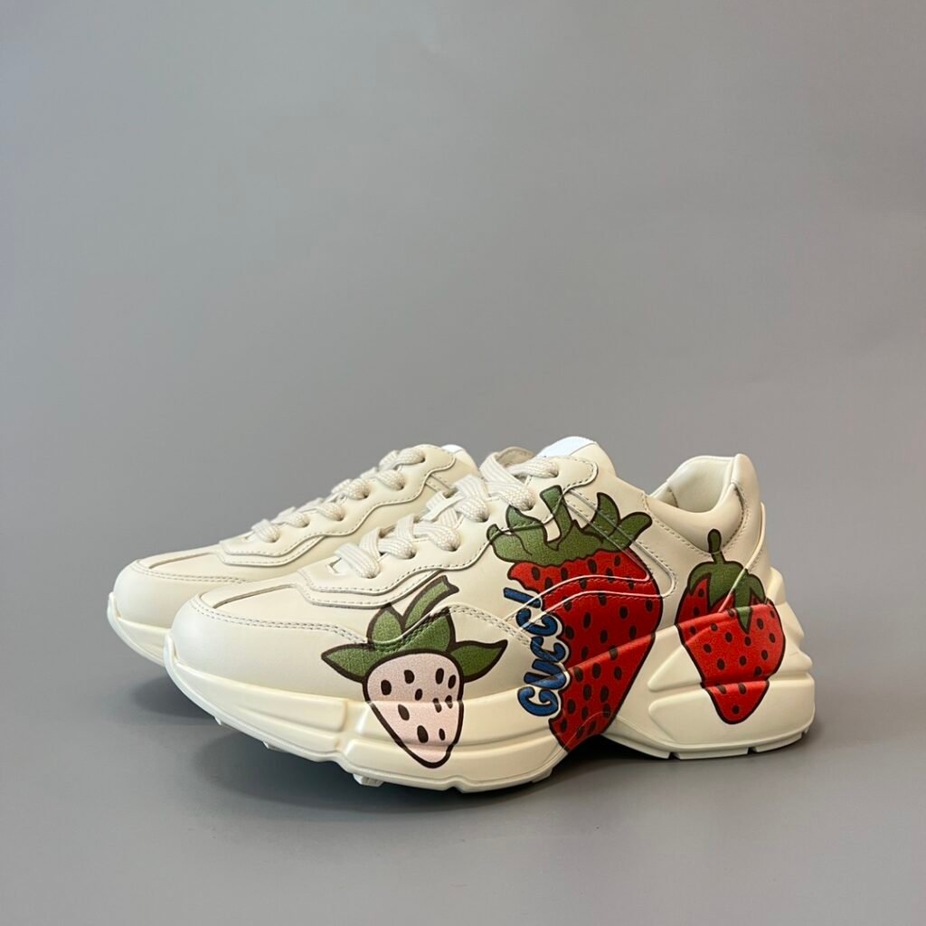 Aurora Custom Gucci Rhyton Ivory Leather Retro Sneaker with Strawberry Print (Women's Edition)