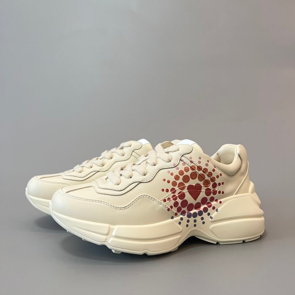 Aurora Custom Gucci Rhyton Ivory Leather Retro Sneaker with Glitter Heart Print (Women's Edition)