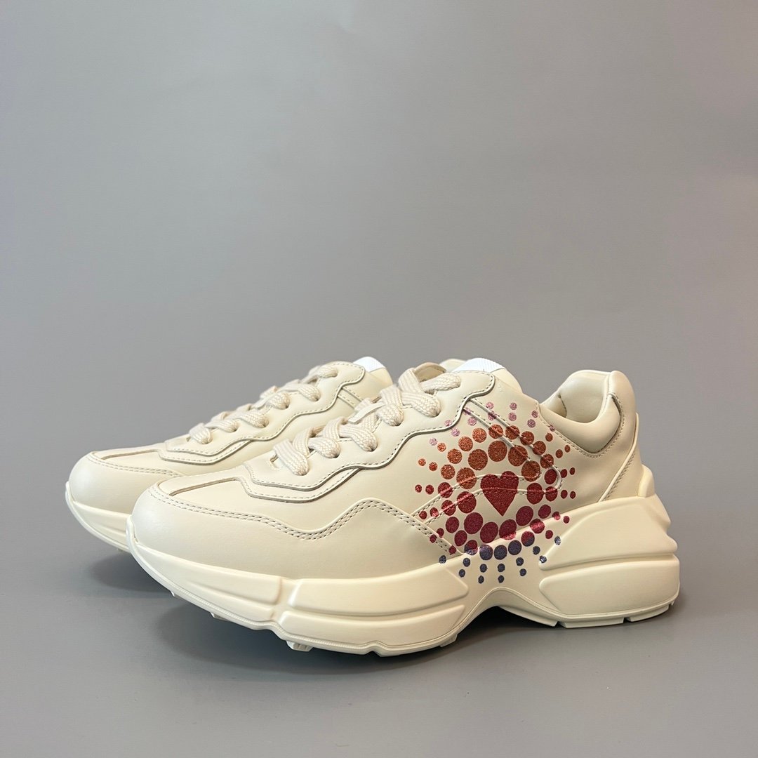 Aurora Custom Gucci Rhyton Ivory Leather Retro Sneaker with Glitter Heart Print (Women's Edition)