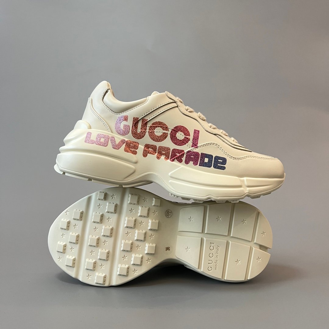 Aurora Custom Gucci Rhyton Ivory Leather Retro Sneaker with Glitter Heart Print (Women's Edition) - Image 6