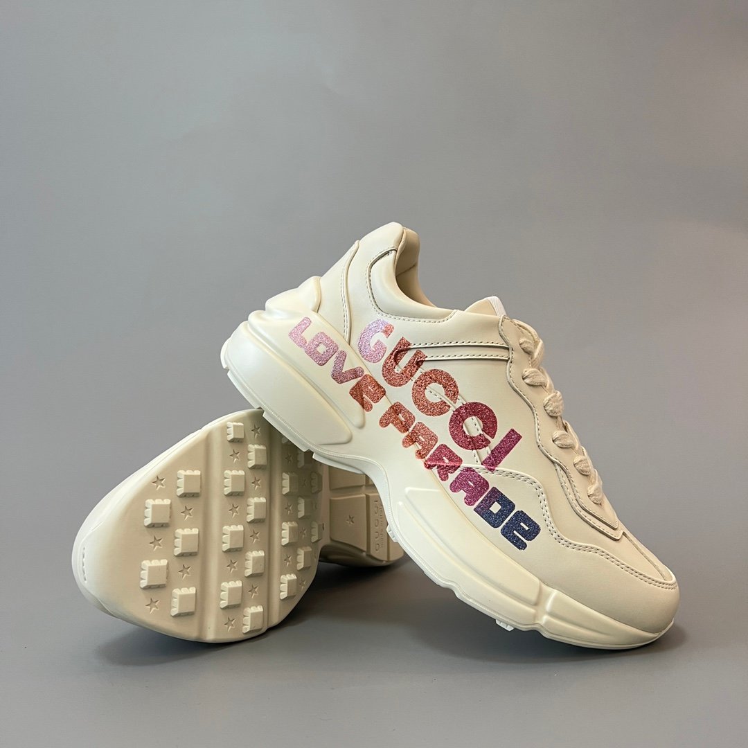 Aurora Custom Gucci Rhyton Ivory Leather Retro Sneaker with Glitter Heart Print (Women's Edition) - Image 7