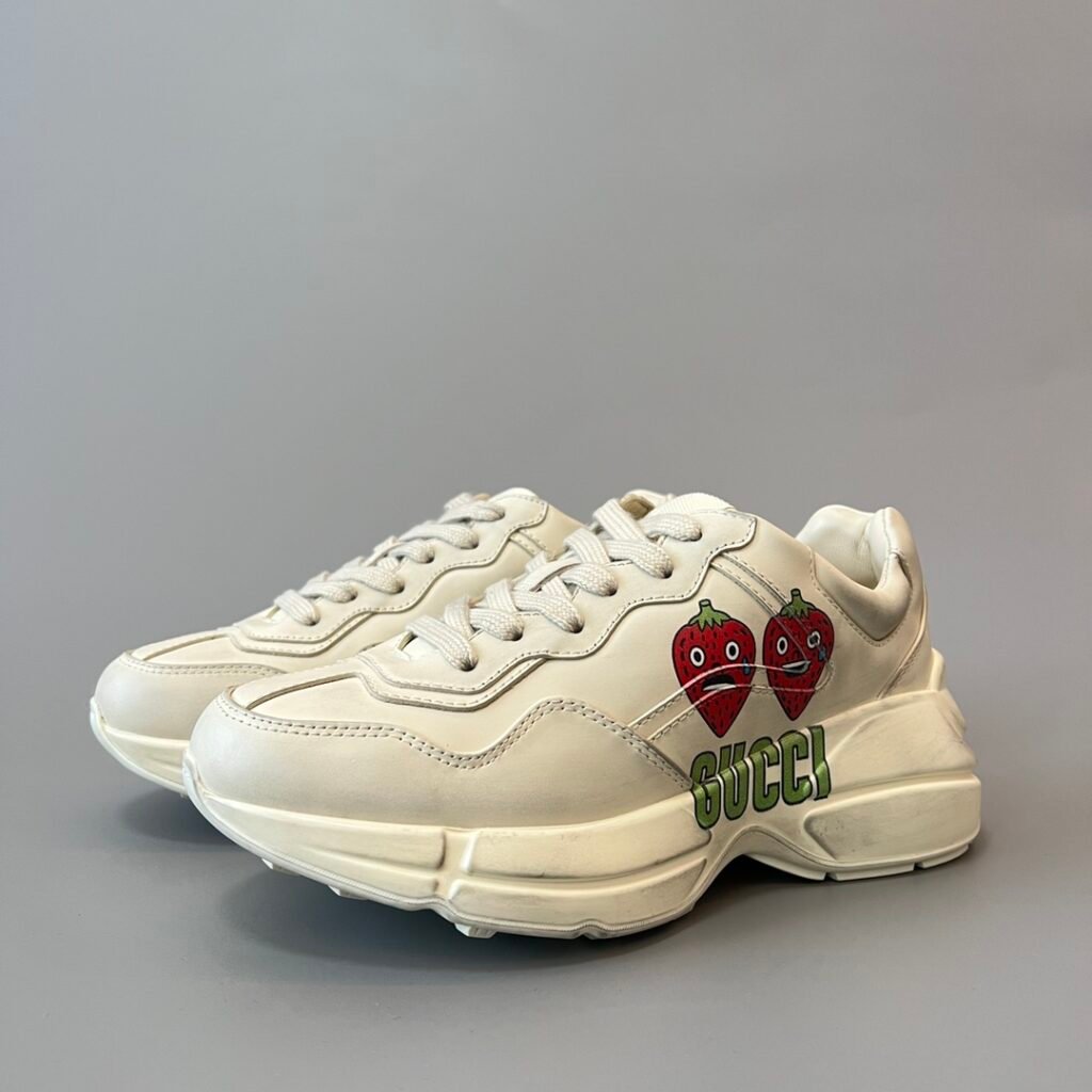 Aurora Custom Gucci Rhyton Ivory Leather Retro Sneaker with Cartoon Strawberry Print (Women's Edition)