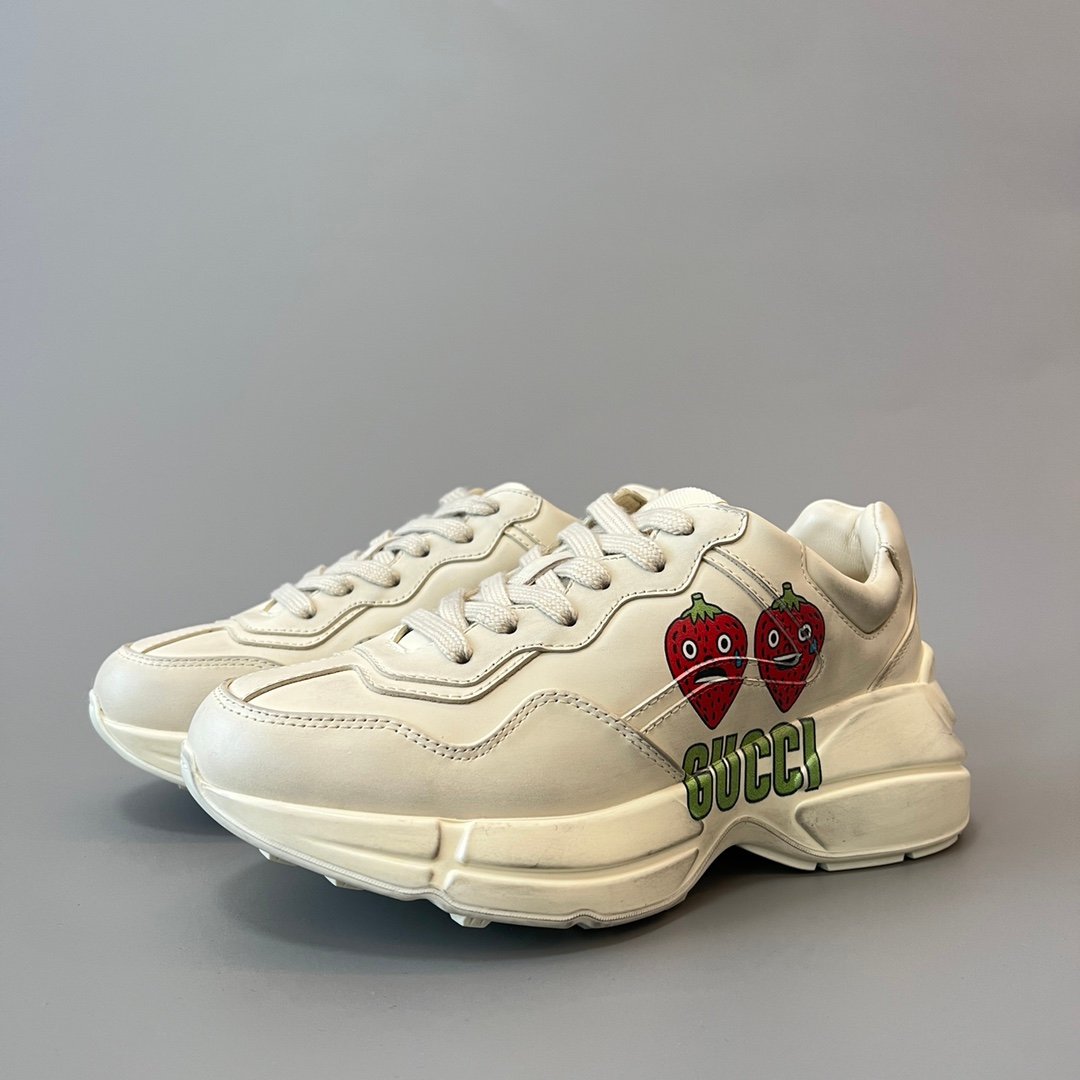 Aurora Custom Gucci Rhyton Ivory Leather Retro Sneaker with Cartoon Strawberry Print (Women's Edition)