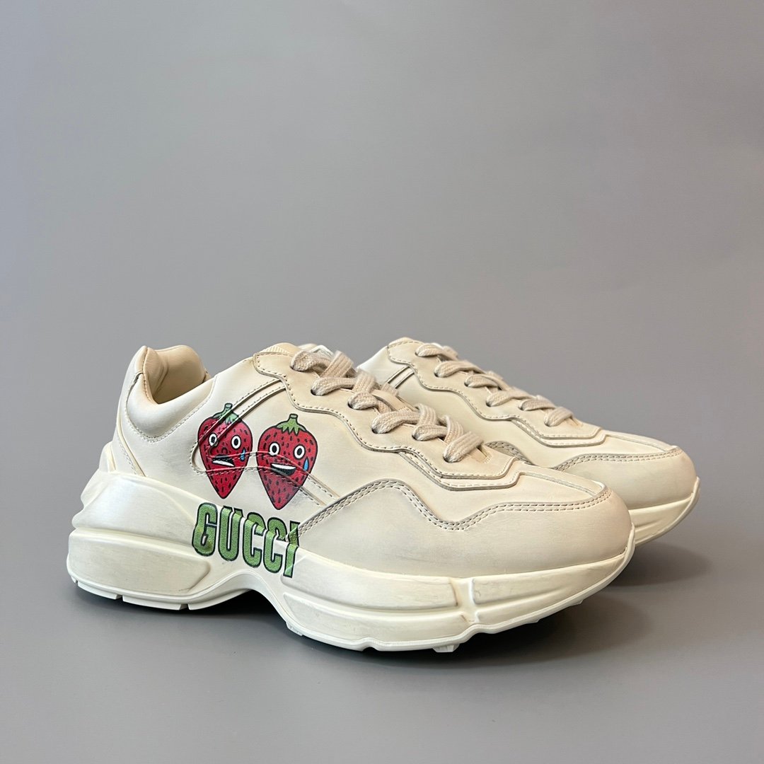 Aurora Custom Gucci Rhyton Ivory Leather Retro Sneaker with Cartoon Strawberry Print (Women's Edition) - Image 3