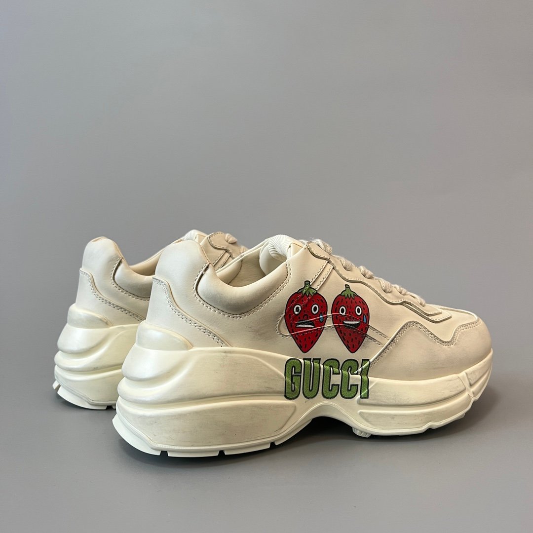 Aurora Custom Gucci Rhyton Ivory Leather Retro Sneaker with Cartoon Strawberry Print (Women's Edition) - Image 4