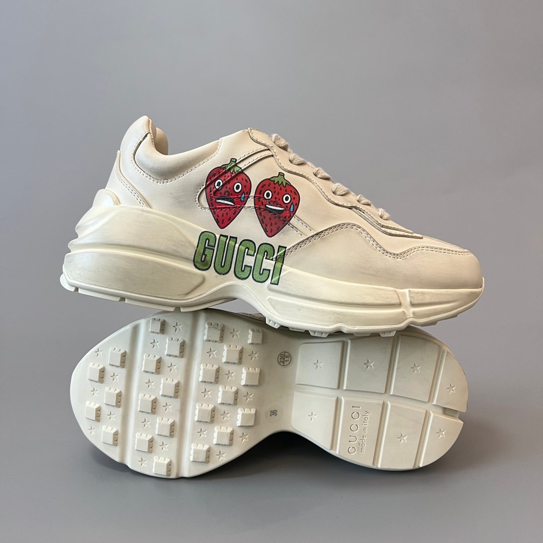 Aurora Custom Gucci Rhyton Ivory Leather Retro Sneaker with Cartoon Strawberry Print (Women's Edition) - Image 6