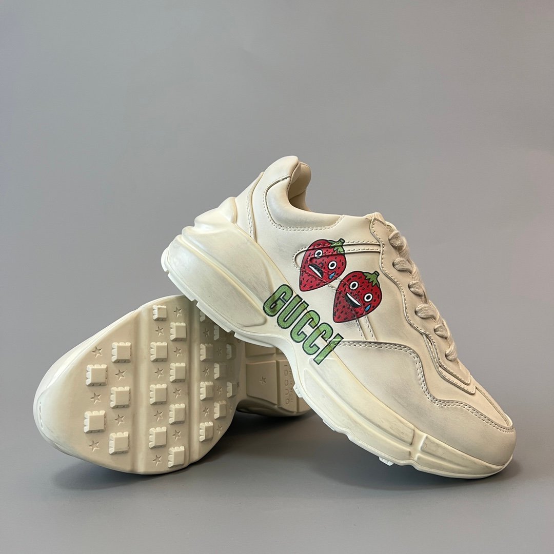 Aurora Custom Gucci Rhyton Ivory Leather Retro Sneaker with Cartoon Strawberry Print (Women's Edition) - Image 7