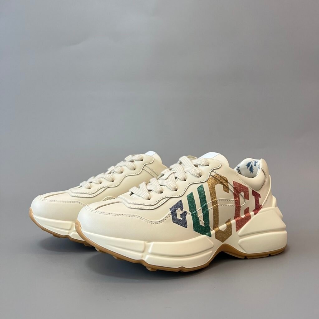 Aurora Custom Gucci Rhyton Ivory Leather Retro Sneaker with Multicolor Glitter Logo Print (Women's Edition)