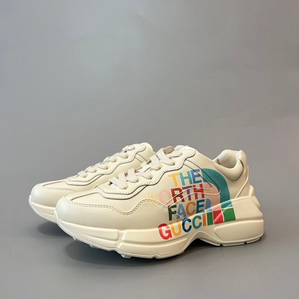 Aurora Custom Gucci Rhyton Ivory Leather Retro Sneaker with The North Face Print (Unisex Edition)