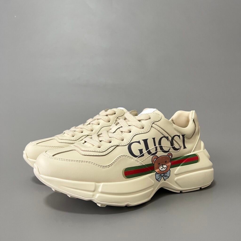 Aurora Custom Gucci Rhyton Ivory Leather Retro Sneaker with Teddy Bear Print (Unisex Edition)