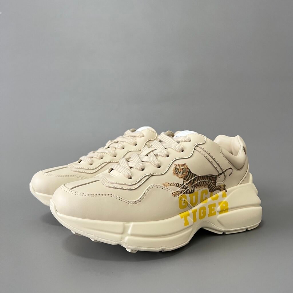 Aurora Custom Gucci Rhyton Ivory Leather Retro Sneaker with Gucci Tiger Print (Unisex Edition)