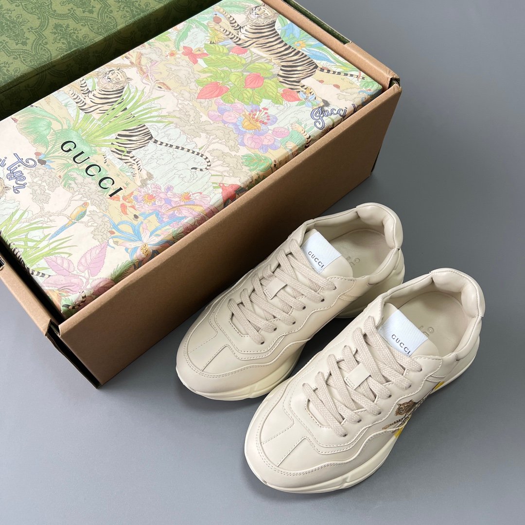 Aurora Custom Gucci Rhyton Ivory Leather Retro Sneaker with Gucci Tiger Print (Unisex Edition) - Image 9