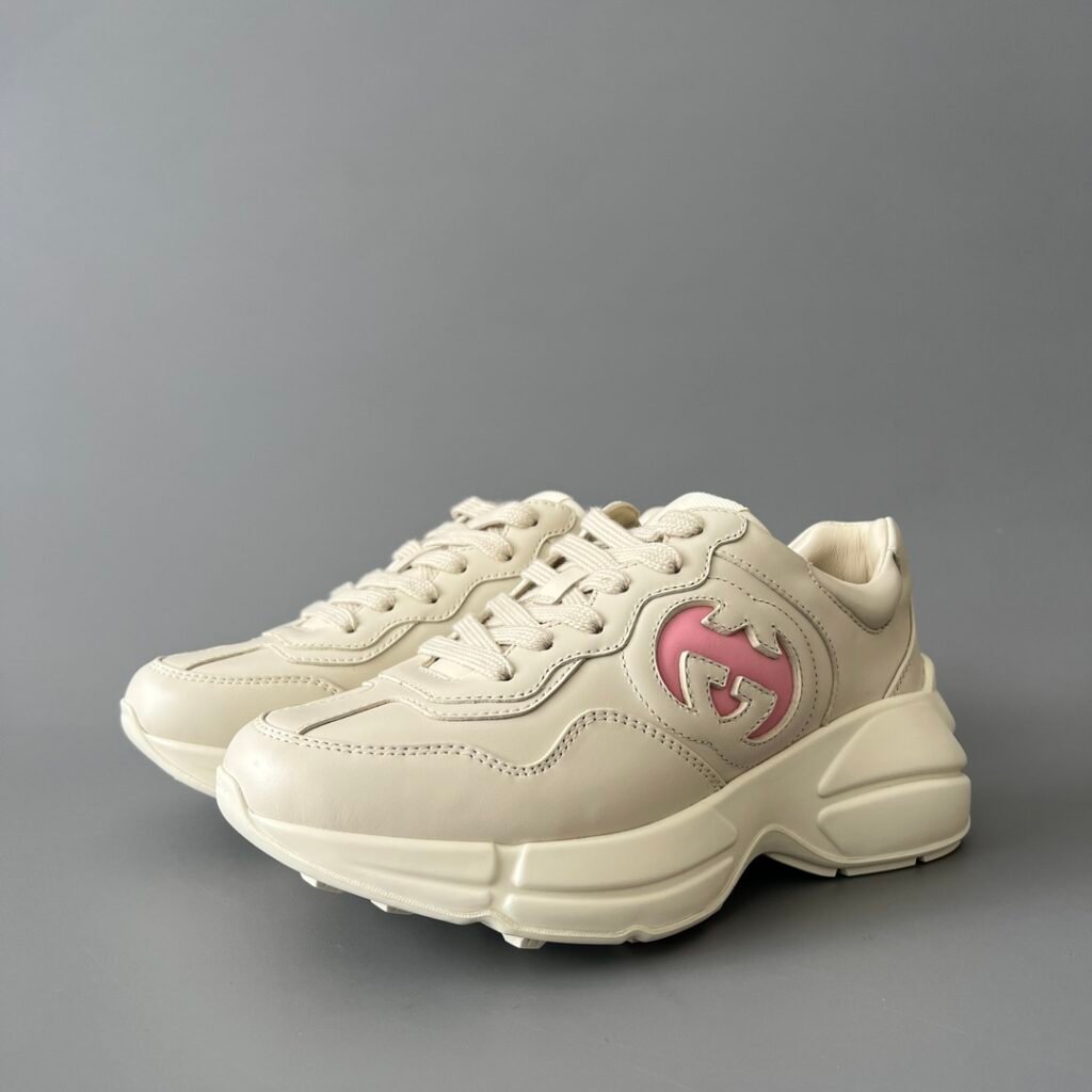 Aurora Custom Gucci Rhyton Ivory Leather Retro Sneaker with Pink Interlocking G Patch (Women's Edition)