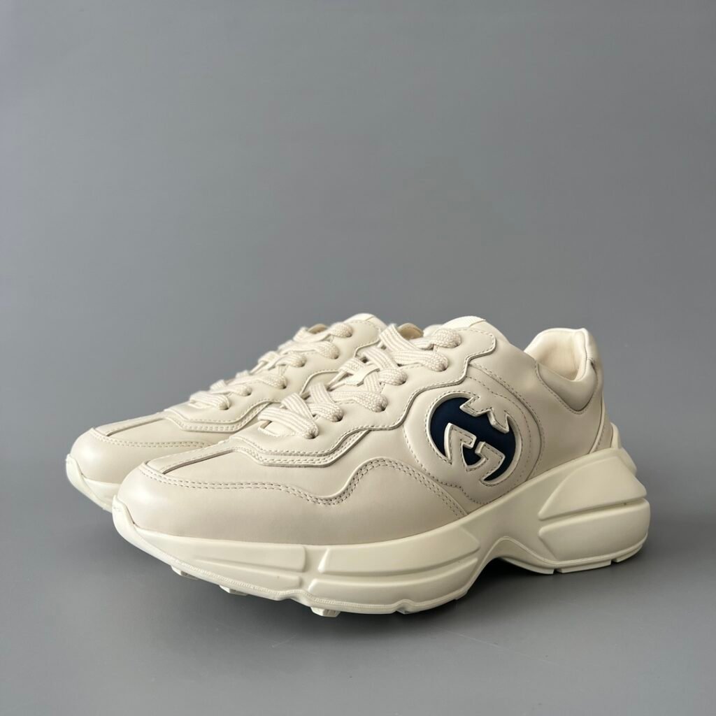 Aurora Custom Gucci Rhyton Ivory Leather Retro Sneaker with Navy Interlocking G Patch (Unisex Edition)