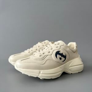 Aurora Custom Gucci Rhyton Ivory Leather Retro Sneaker with Navy Interlocking G Patch (Unisex Edition)