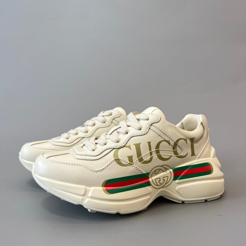 Aurora Custom Gucci Rhyton Ivory Leather Retro Sneaker with Vintage Logo & Web Stripe (Unisex Edition)