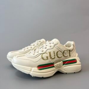 Aurora Custom Gucci Rhyton Ivory Leather Retro Sneaker with Vintage Logo & Web Stripe (Unisex Edition)