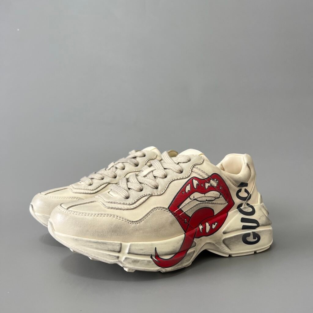 Aurora Custom Gucci Rhyton Distressed Ivory Leather Retro Sneaker with Red Lips Print (Unisex Edition)