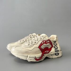 Aurora Custom Gucci Rhyton Distressed Ivory Leather Retro Sneaker with Red Lips Print (Unisex Edition)