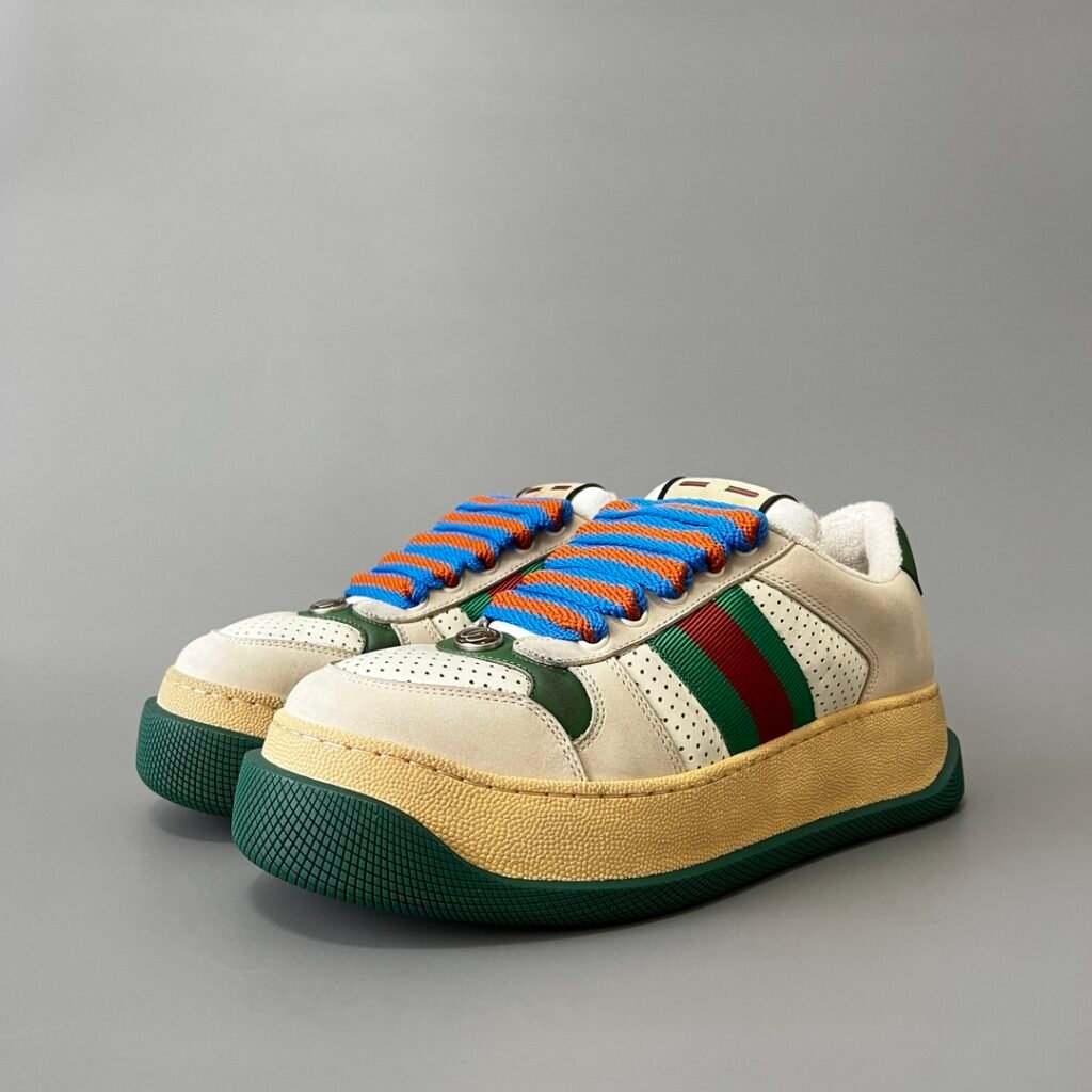 Aurora Custom Gucci Screener "Chunky Platform" Ivory & Green Leather Sneaker with Web Stripe (Unisex Edition)