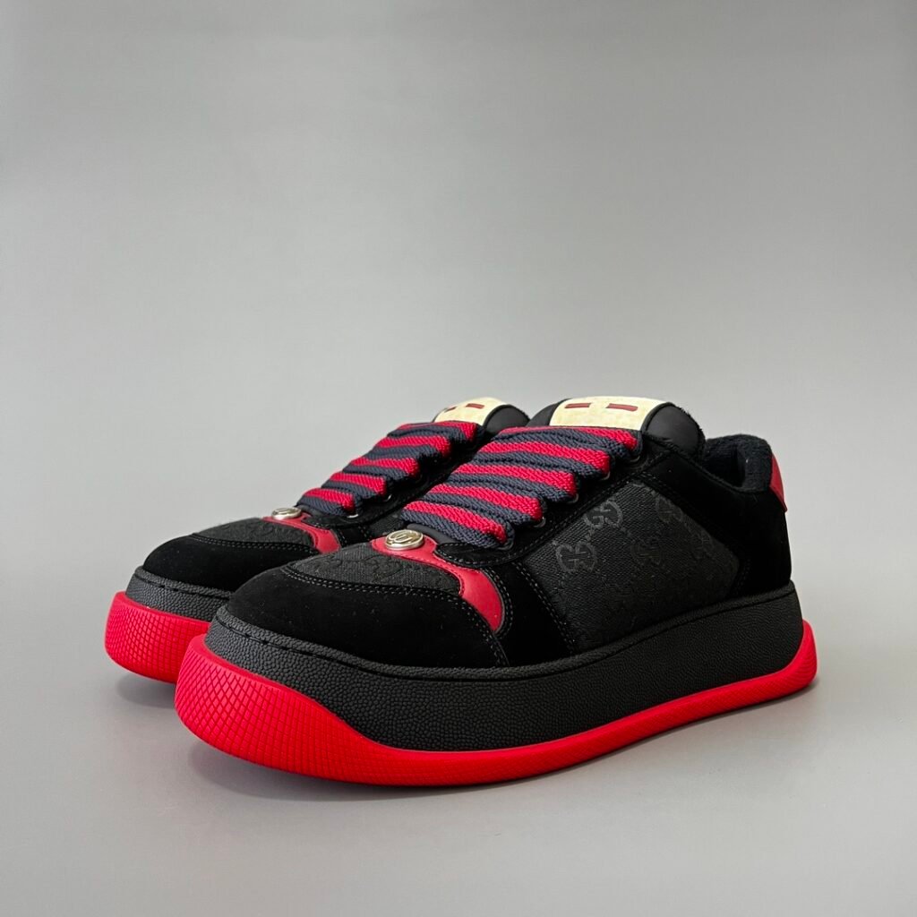 Aurora Custom Gucci Screener "Chunky Platform" Black GG Canvas & Suede Sneaker with Red Accents (Men's Edition)