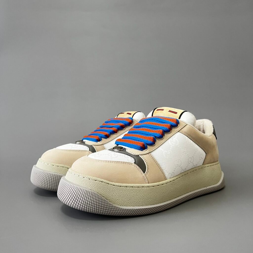 Aurora Custom Gucci Screener "Chunky Platform" White GG Canvas & Beige Suede Sneaker (Men's Edition)