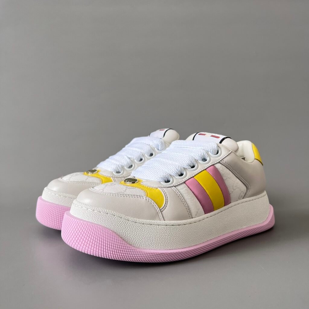 Aurora Custom Gucci Screener "Chunky Platform" White GG Canvas with Pink & Yellow Accents (Women's Edition)