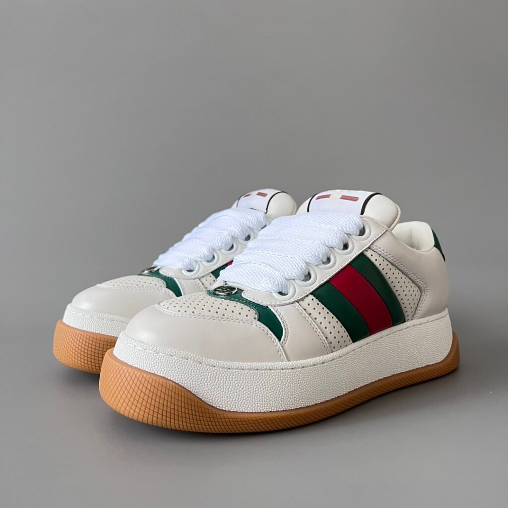 Aurora Custom Gucci Screener "Chunky Platform" Ivory Leather Sneaker with Web Stripe (Unisex Edition)