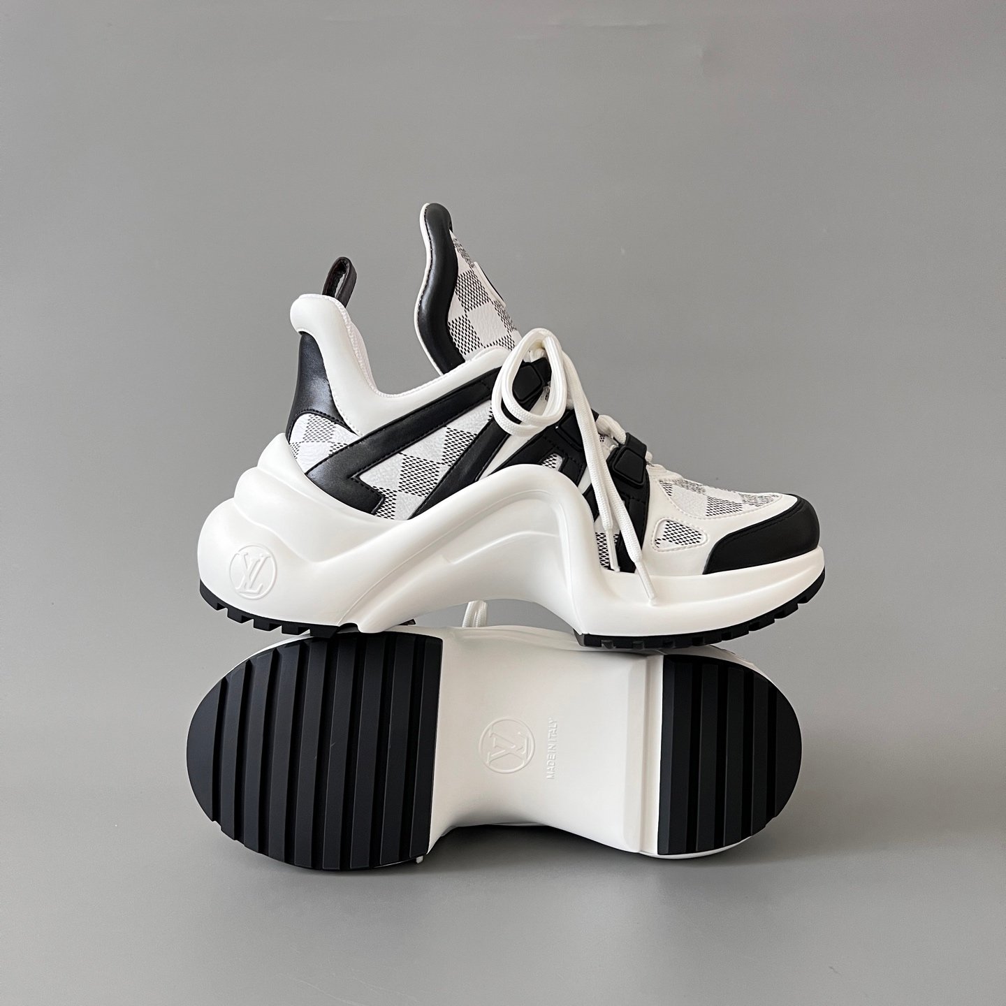 AuroraCustom LV Archlight Series Monochromatic White & Black Damier Checkerboard Mesh Luxury Wavy Platform Sneaker (Women's Exclusive) - Image 6