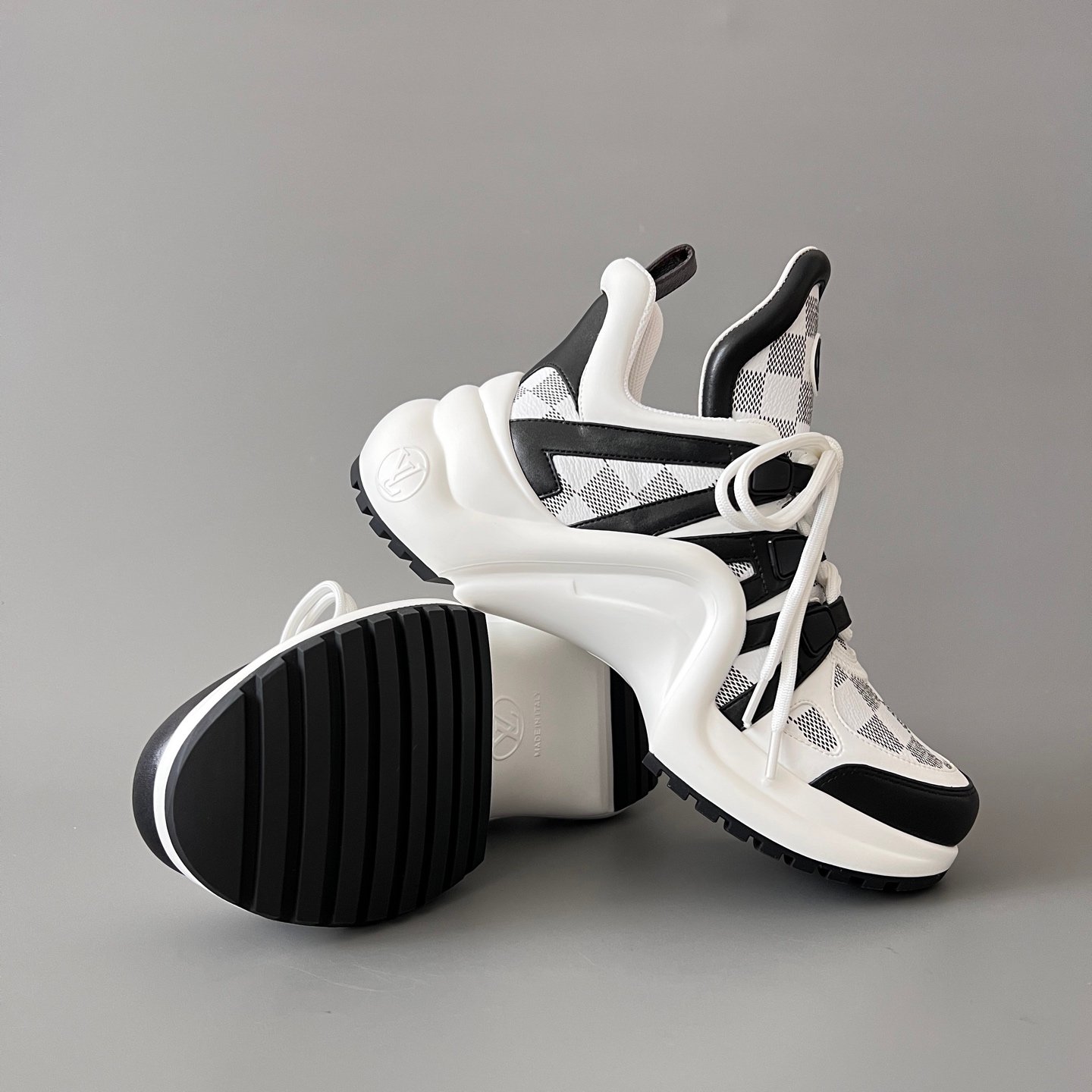 AuroraCustom LV Archlight Series Monochromatic White & Black Damier Checkerboard Mesh Luxury Wavy Platform Sneaker (Women's Exclusive) - Image 7