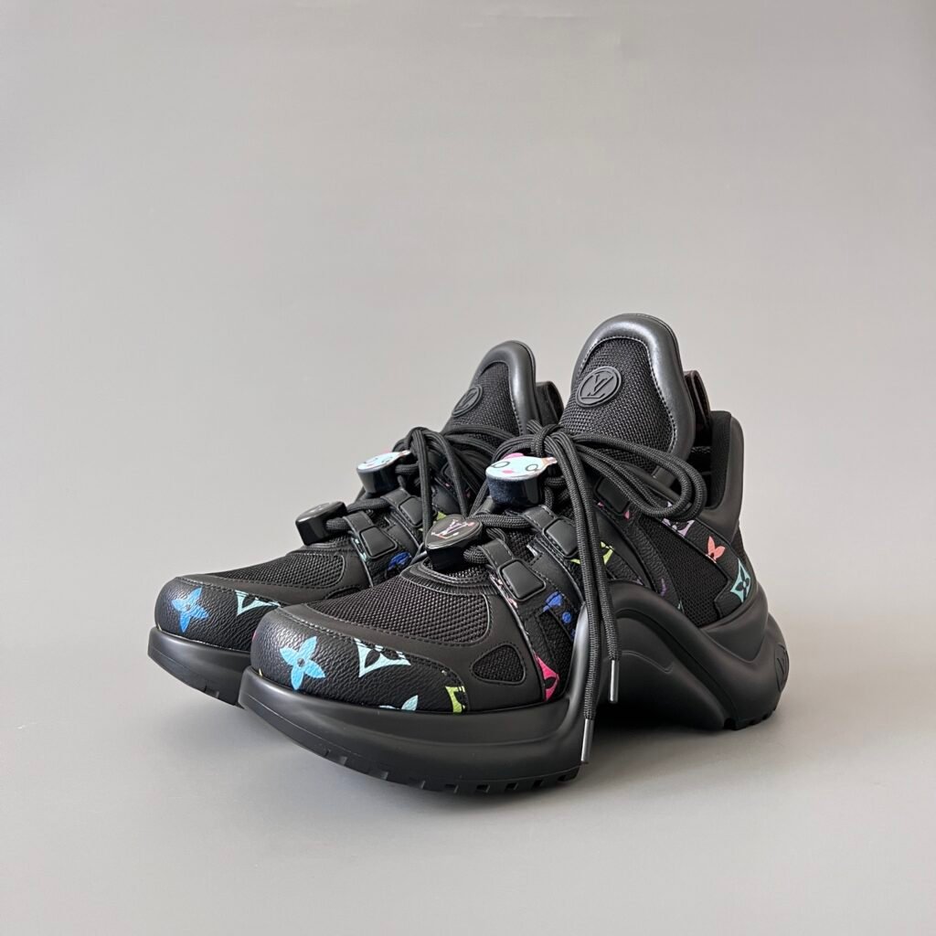 AuroraCustom LV Archlight Series Obsidian Black Technical Mesh & Multi-Color Neon Monogram Leather Playful Charms Luxury Wavy Platform Sneaker (Women's Exclusive)
