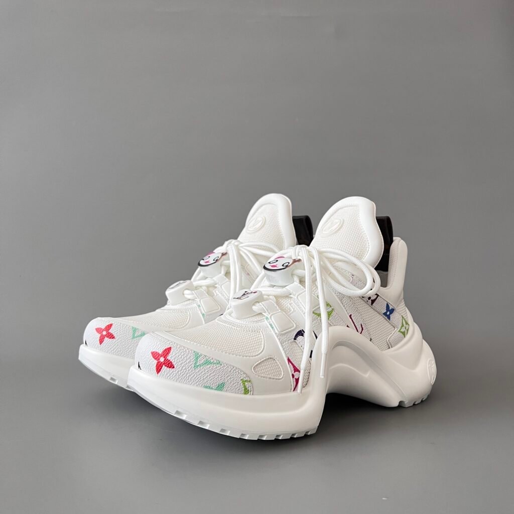 AuroraCustom LV Archlight Series Clean Optic White & Multi-Color Pop Monogram Canvas Playful Cartoon Face Charms Luxury Wavy Platform Sneaker (Women's Exclusive)