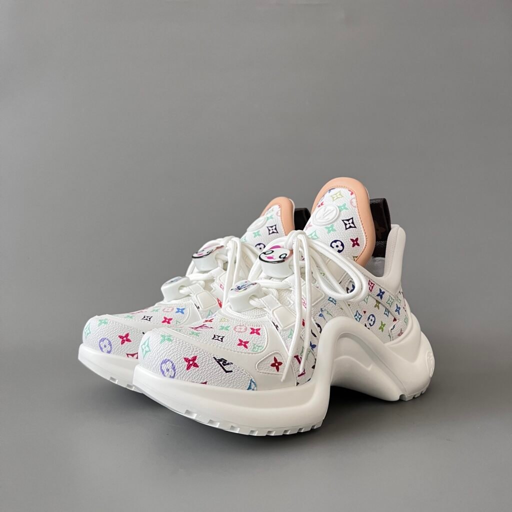 AuroraCustom LV Archlight Series Optic White Multi-Color Pop Monogram Leather Nude Trim Playful Cartoon Face Charms Luxury Wavy Platform Sneaker (Women's Exclusive)