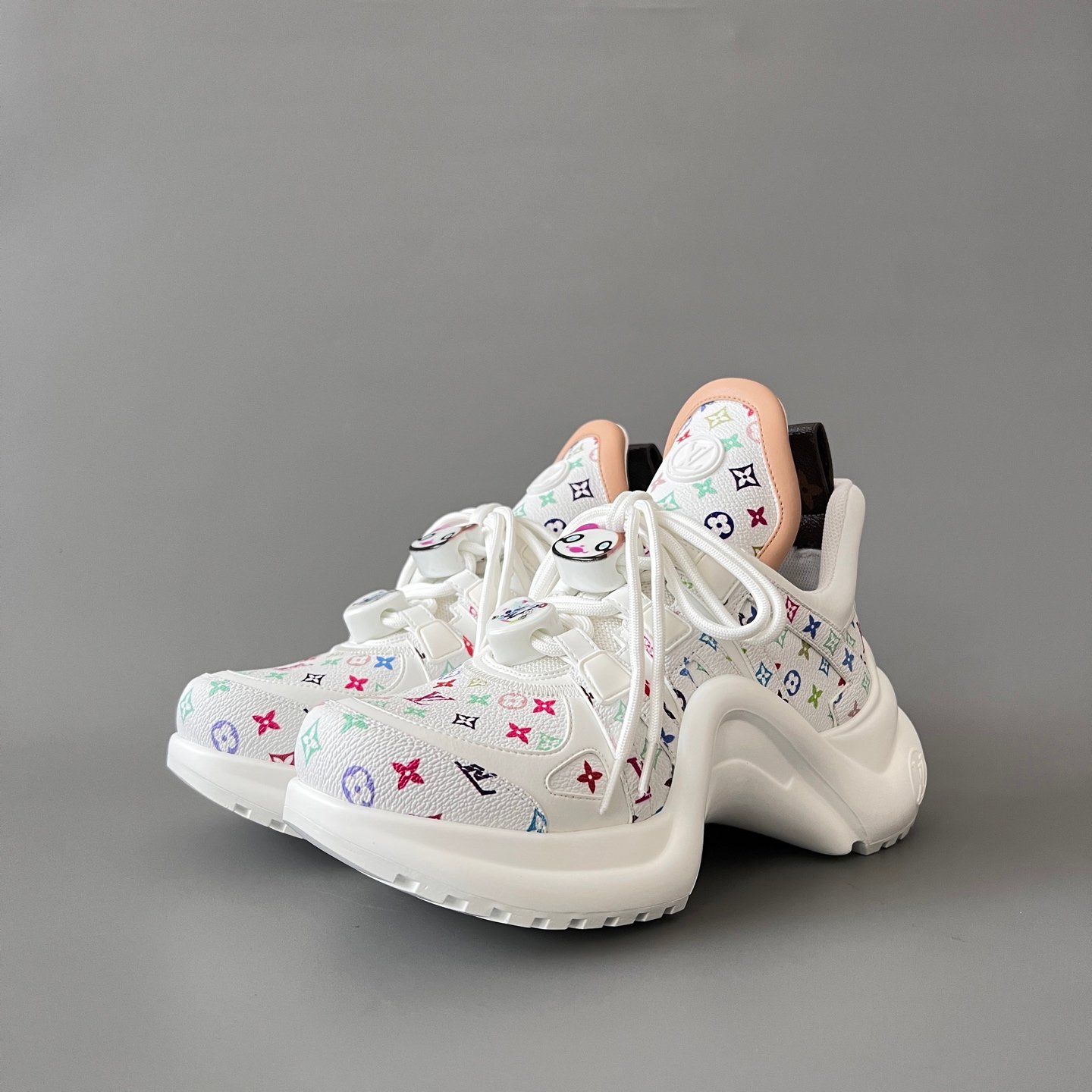 AuroraCustom LV Archlight Series Optic White Multi-Color Pop Monogram Leather Nude Trim Playful Cartoon Face Charms Luxury Wavy Platform Sneaker (Women's Exclusive)
