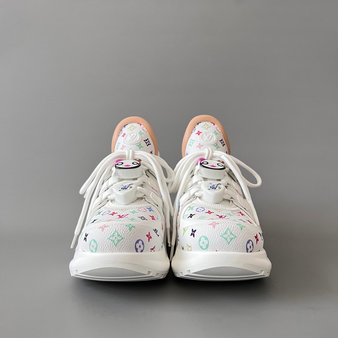 AuroraCustom LV Archlight Series Optic White Multi-Color Pop Monogram Leather Nude Trim Playful Cartoon Face Charms Luxury Wavy Platform Sneaker (Women's Exclusive) - Image 2