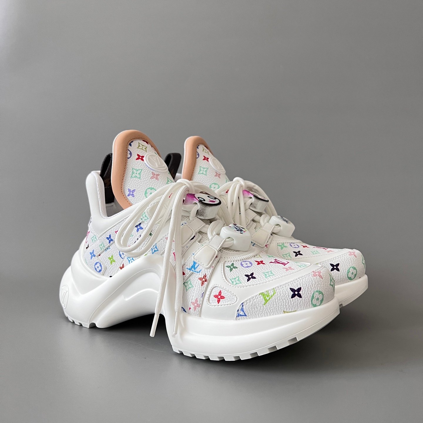 AuroraCustom LV Archlight Series Optic White Multi-Color Pop Monogram Leather Nude Trim Playful Cartoon Face Charms Luxury Wavy Platform Sneaker (Women's Exclusive) - Image 3