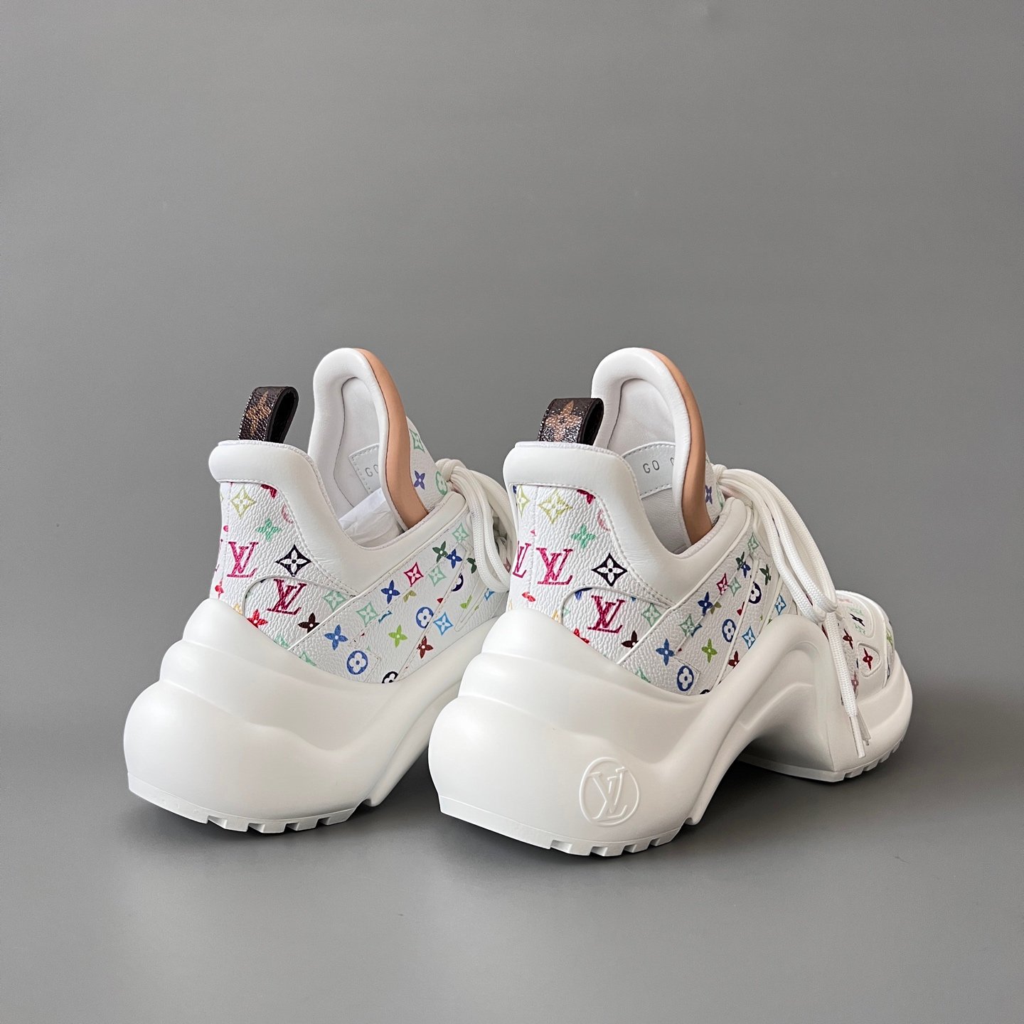 AuroraCustom LV Archlight Series Optic White Multi-Color Pop Monogram Leather Nude Trim Playful Cartoon Face Charms Luxury Wavy Platform Sneaker (Women's Exclusive) - Image 4