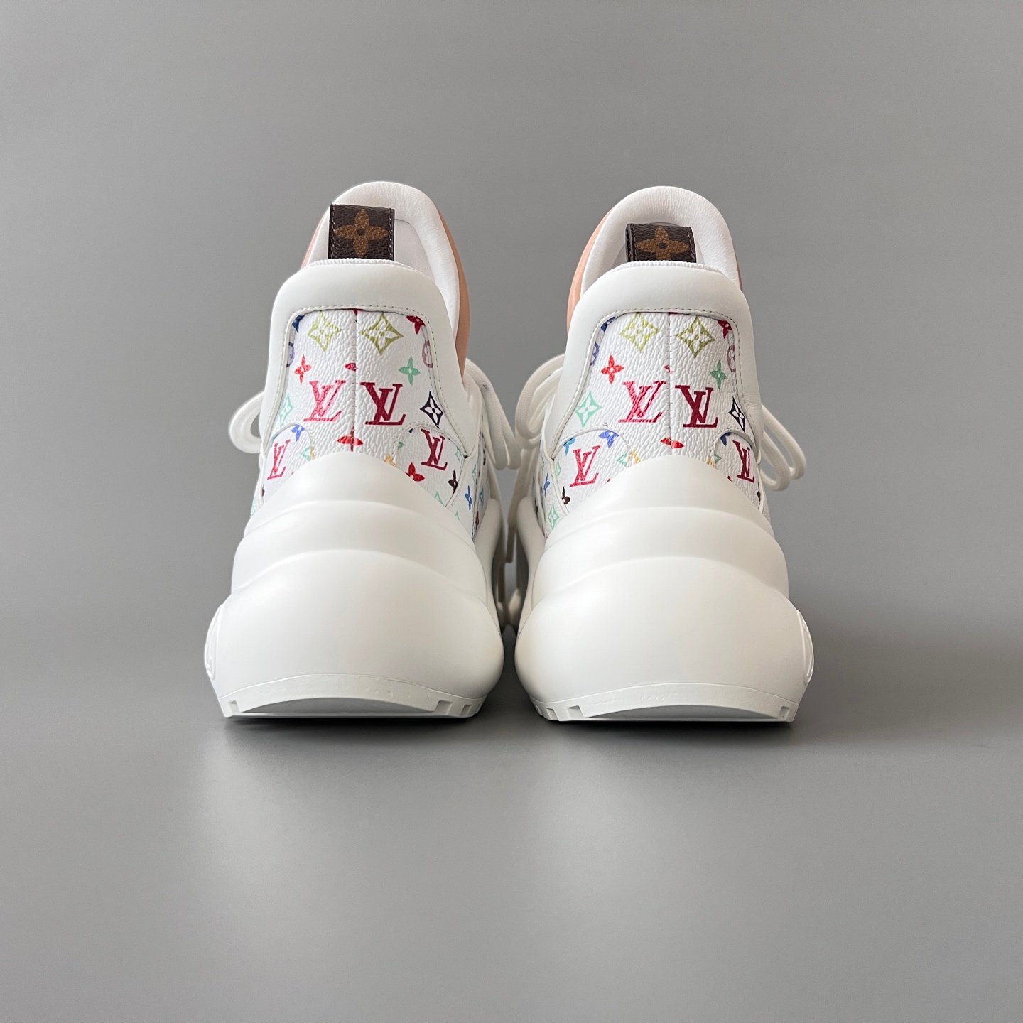 AuroraCustom LV Archlight Series Optic White Multi-Color Pop Monogram Leather Nude Trim Playful Cartoon Face Charms Luxury Wavy Platform Sneaker (Women's Exclusive) - Image 5