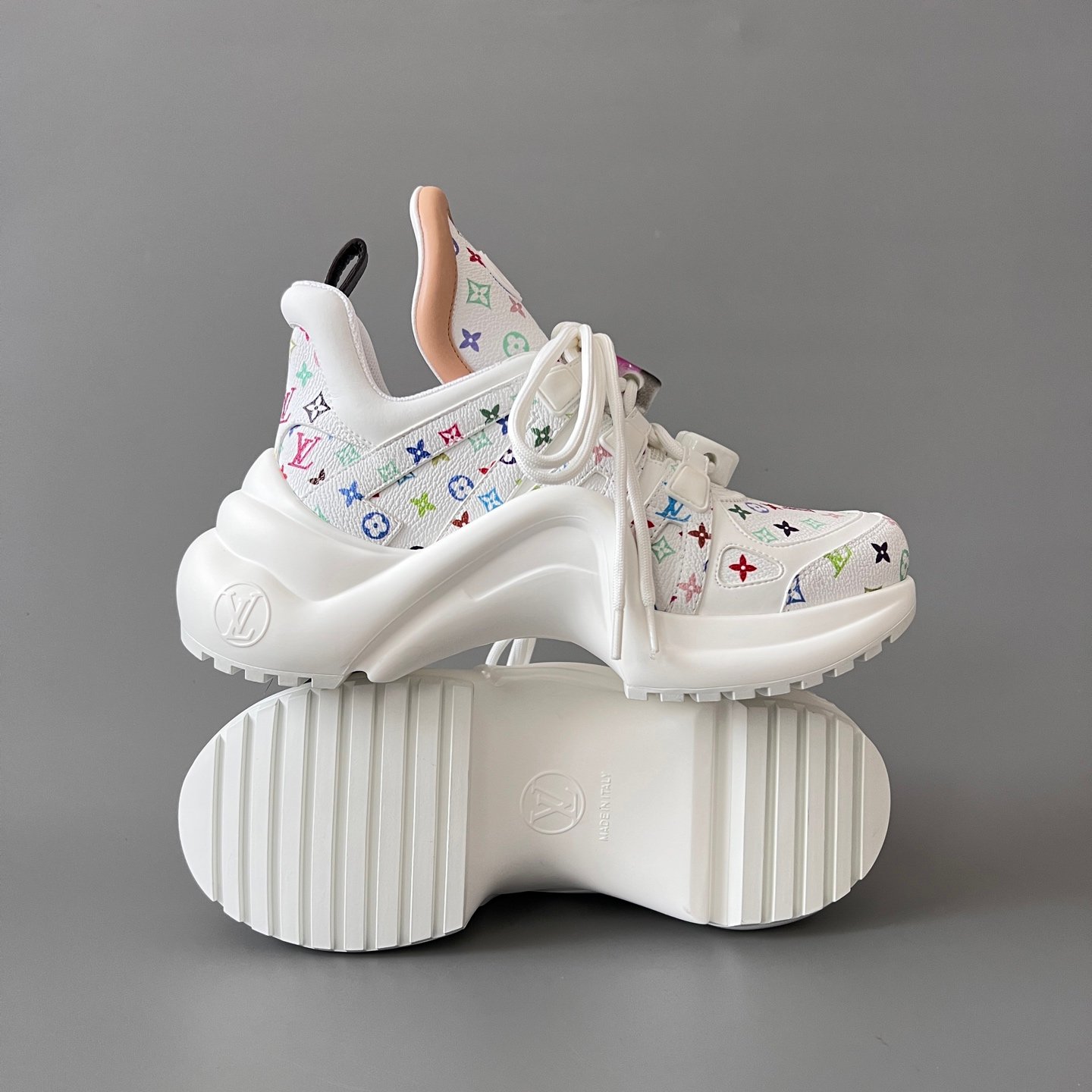 AuroraCustom LV Archlight Series Optic White Multi-Color Pop Monogram Leather Nude Trim Playful Cartoon Face Charms Luxury Wavy Platform Sneaker (Women's Exclusive) - Image 6