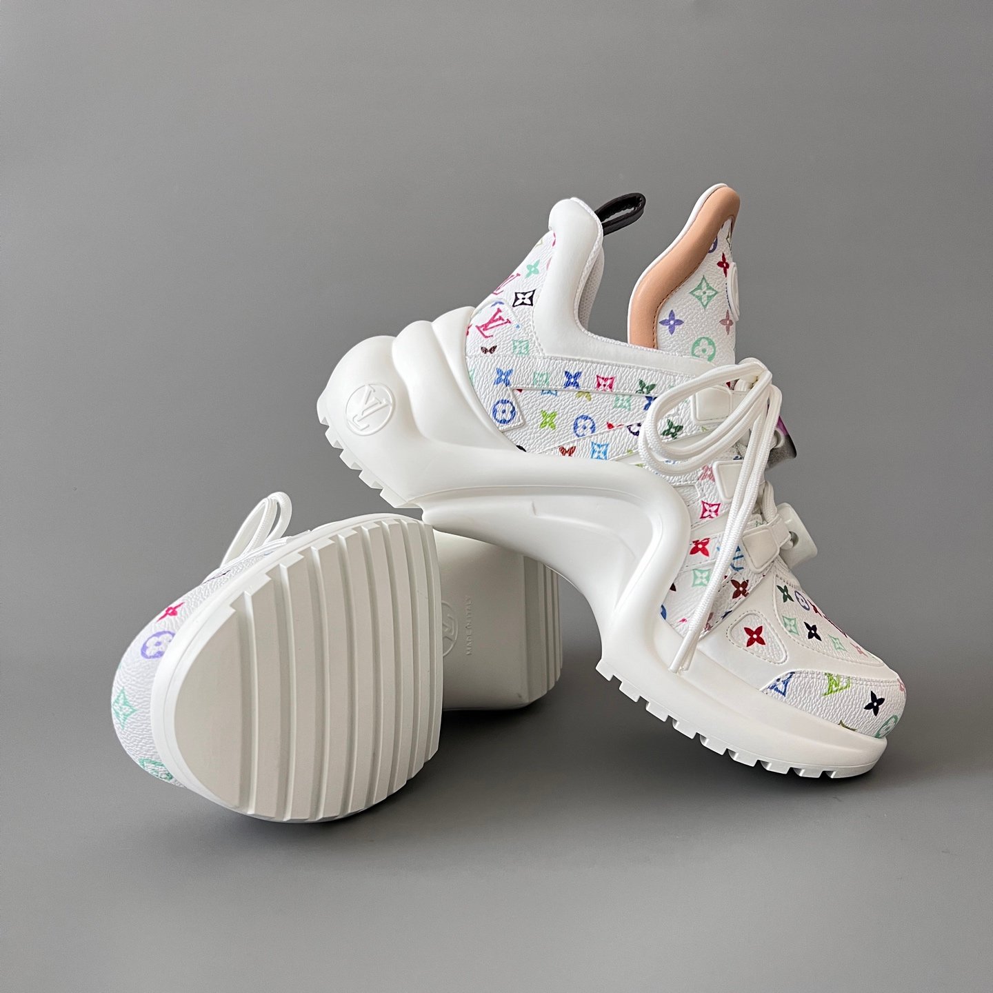 AuroraCustom LV Archlight Series Optic White Multi-Color Pop Monogram Leather Nude Trim Playful Cartoon Face Charms Luxury Wavy Platform Sneaker (Women's Exclusive) - Image 7